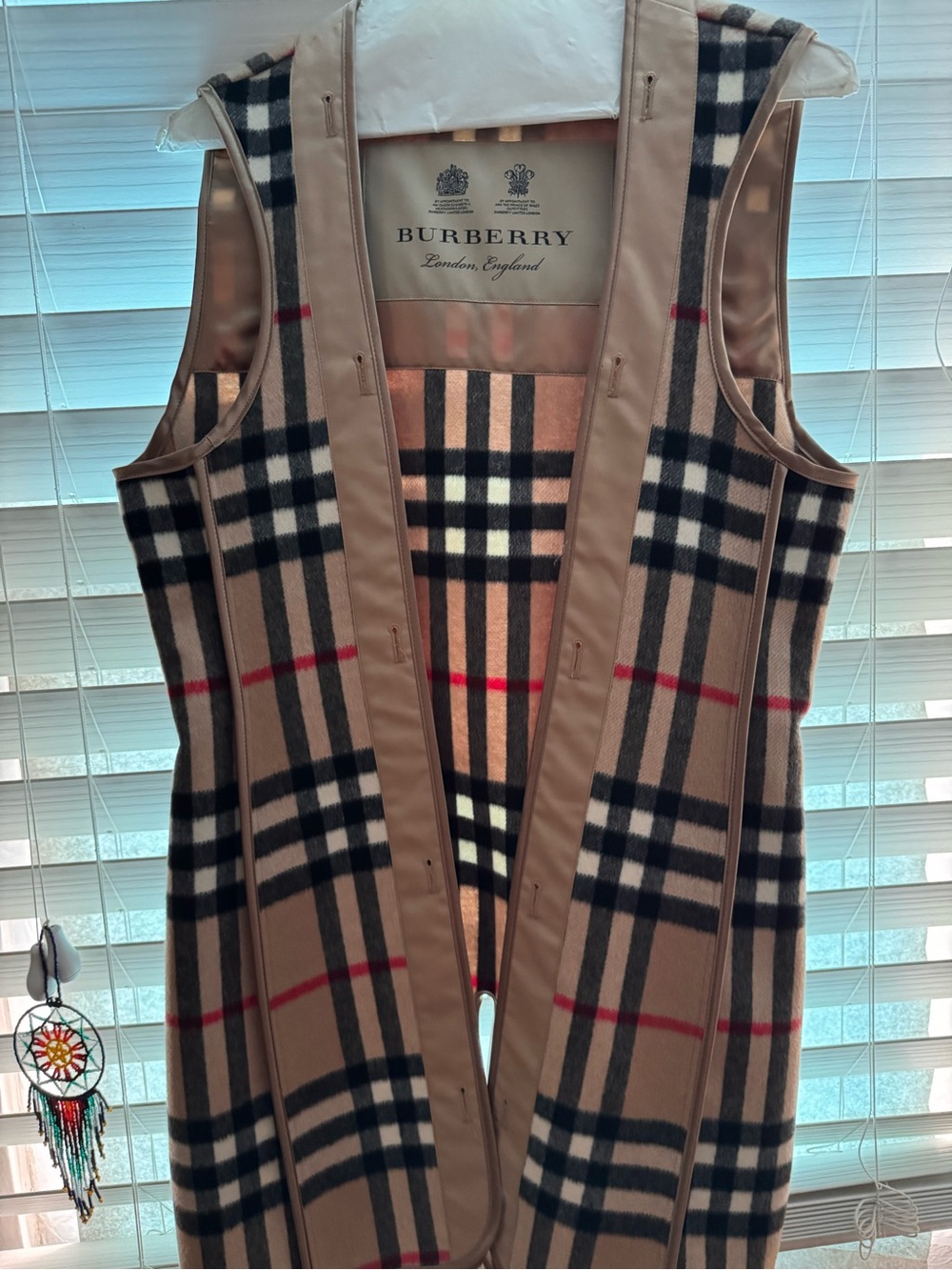 Burberry Tan Plaid Sleeveless Trench Vest with Red and Black Accents